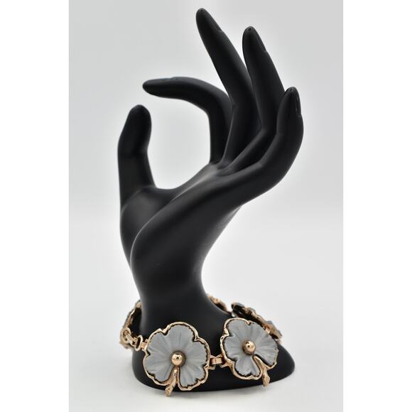 Vintage 7.5" Flower Bracelet Linked Chain Matte Gray Chunky Gold Tone 1960s BinO - Picture 7 of 12